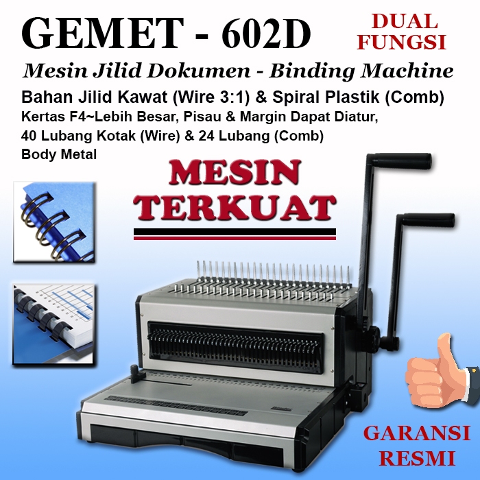 

Mesin Jilid Spiral Plastik & Kawat (Wire 3:1), Kertas F4 (Bisa A3 Atau Lebih Besar/Kecil), GEMET 602DO (Lubang Bulat) / 602D (Lubang Kotak)