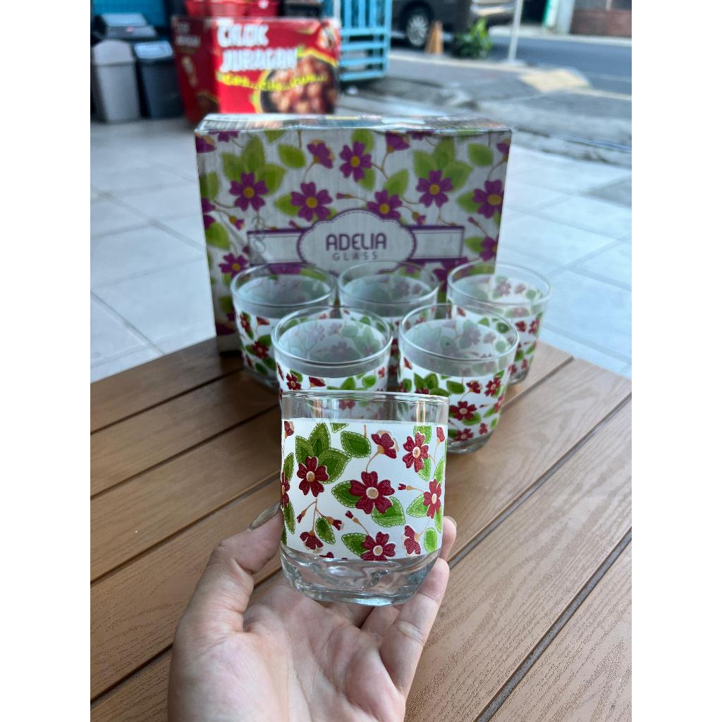 Gelas Kaca Mini / Gelas Sloki / Gelas Shot Motif Bunga Hijau 1set isi 6 / Satu set Gelas Souvenir Mo