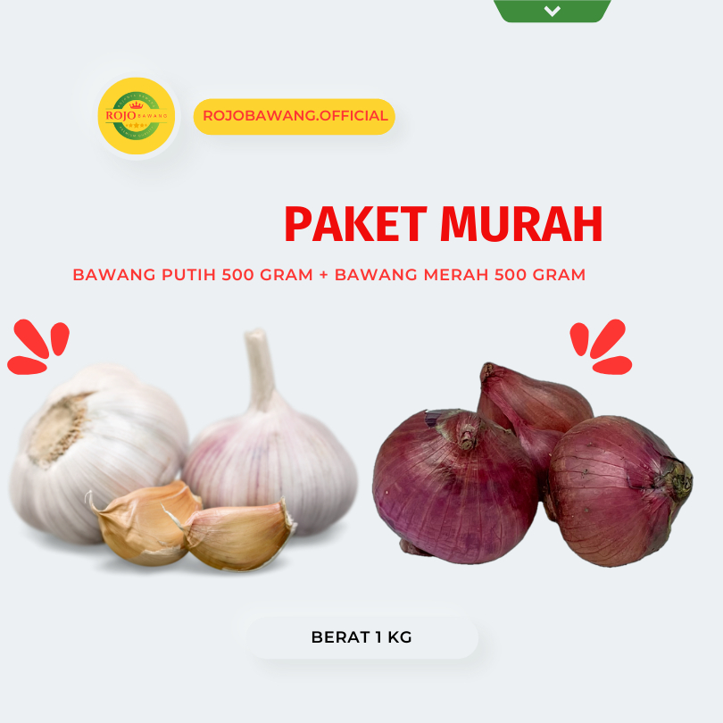 

PAKET HEMAT BAWANG MERAH PUTIH 1KG ( MERAH 500 gram + PUTIH 500 BONUS gram )