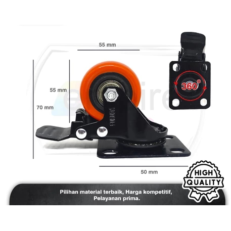 RB1 FUKUDA Roda Kastor 2 Inch ORANGE TEBAL PLUS REM / Castor Swifel Plate Etalase Troli PER SET