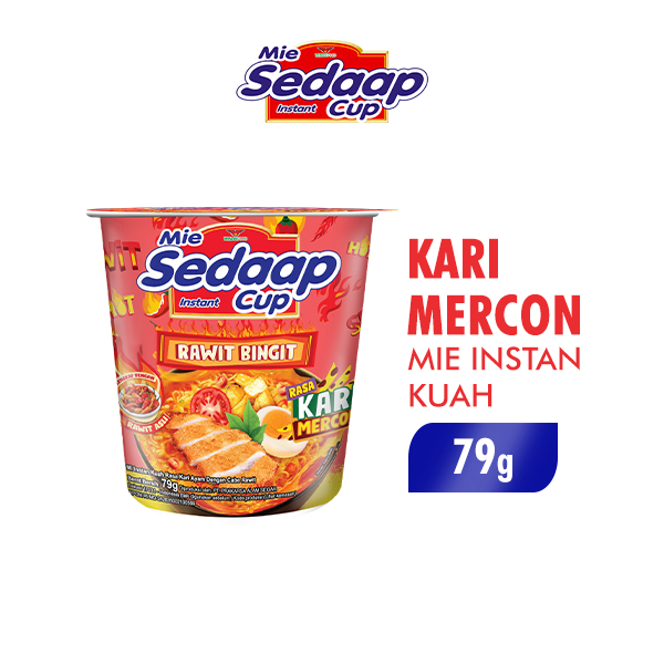 

Mie Sedaap Cup instant Mi Kuah Pedas RAWIT BINGIT LENGKAP DENGAN CABE RAWIT ASLI RASA KARI AYAM MERCON 79gr