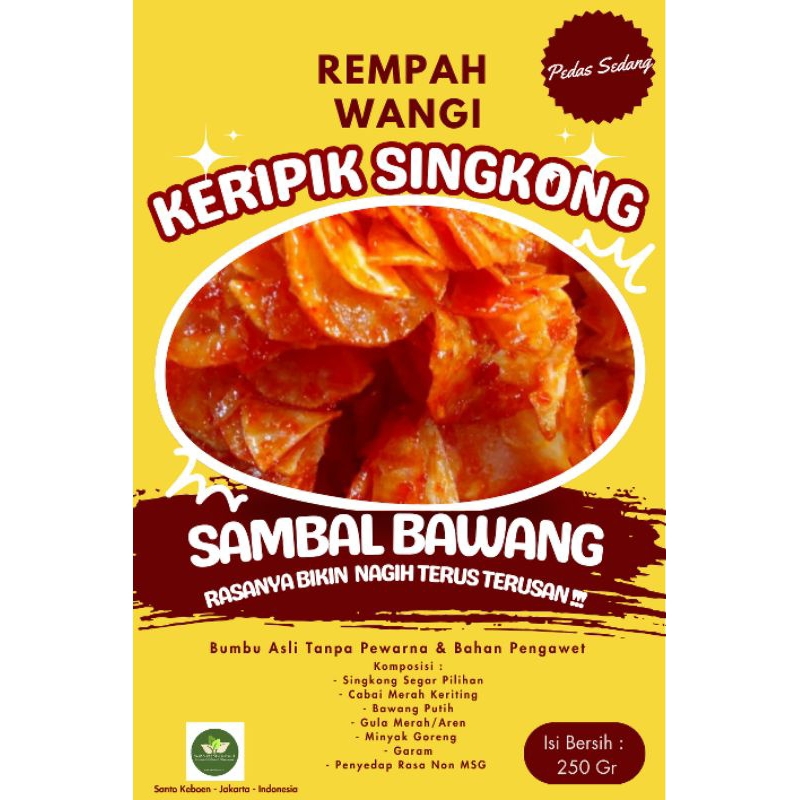 

Keripik Singkong Rempah Wangi Sambal Bawang Pedas Manis Renyah Empuk Dengan Bumbu Asli Tanpa Pewarna, Pengawet, Non MSG Isi Bersih 250 Gram Dikirim Kondisi Fresh