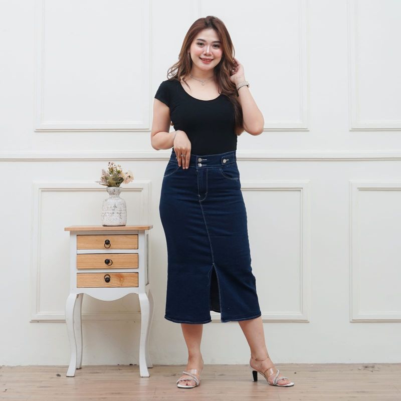 Rok Denim Wanita Korea Rok Long Skirt Belah Depan