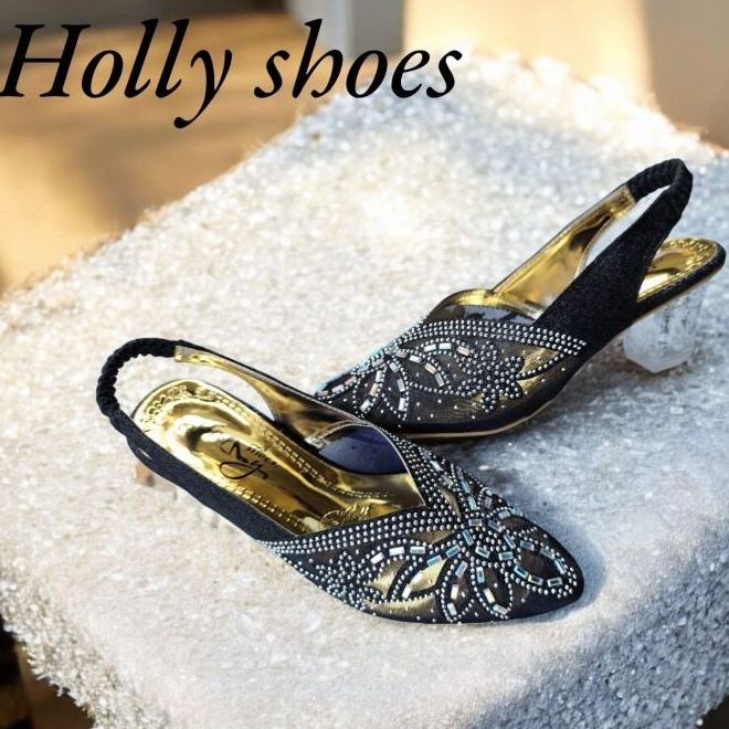 Sandal Pesta Tali Wanita Heels Hak Kaca 5cm Permata Swarovky Aksesoris B4