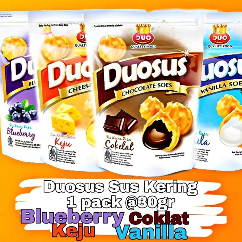 

Duosus 30gr All Variant Snack Kue Soes Sus Duo Kemasan 30gram Rasa Coklat / Keju / Vanilla / Blueberry