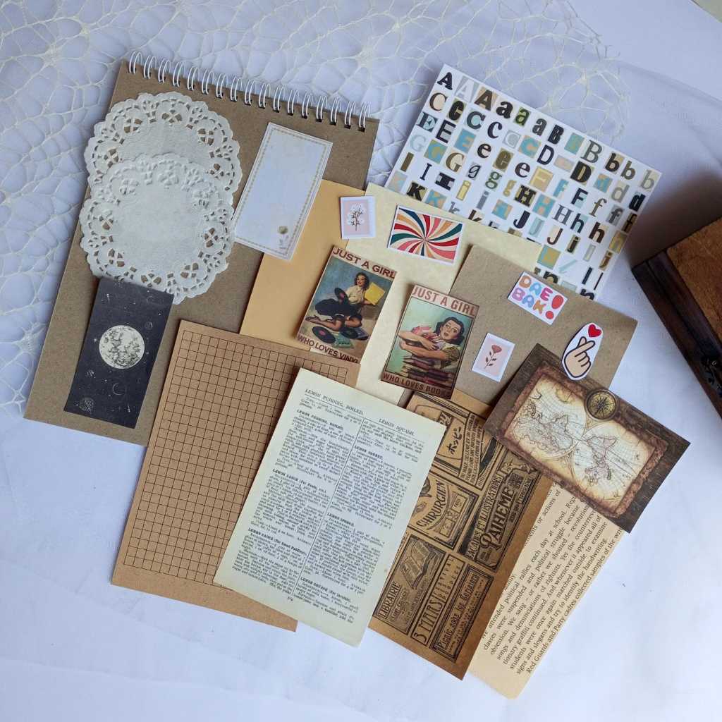 

[ paww craft ] Scrapbook set 5 lembar + journal kit alphabet deco aesthetic vintage mading tugas sekolah