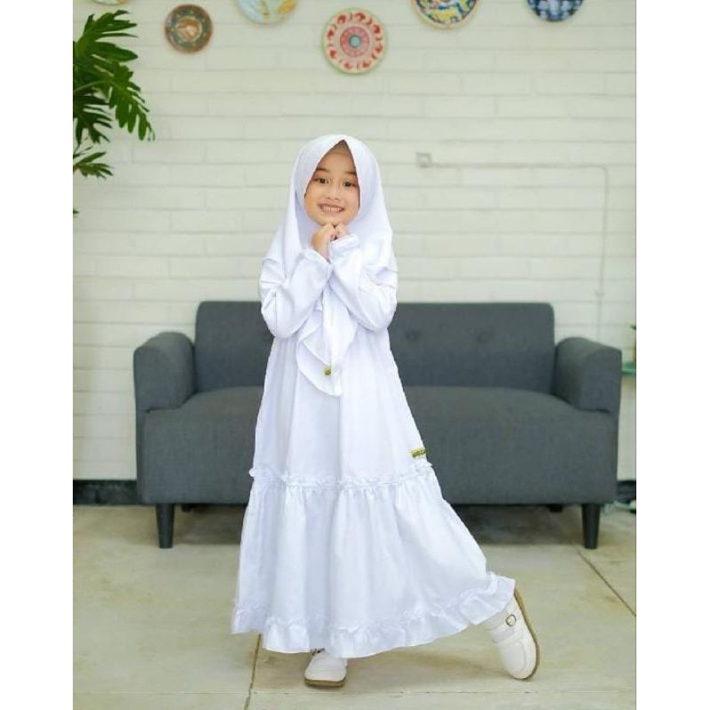100% aman gamis anak putih manasik haji set hijab usia 3-10 tahun bahan rayon twil premium model