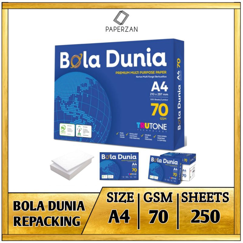 

Kertas HVS A4 70 Gram 1 Kg 250 Lembar Bola Dunia