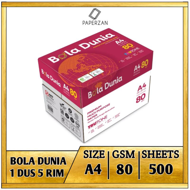 

Kertas A4 80 Gram Bola Dunia 1 Dus 5 Rim