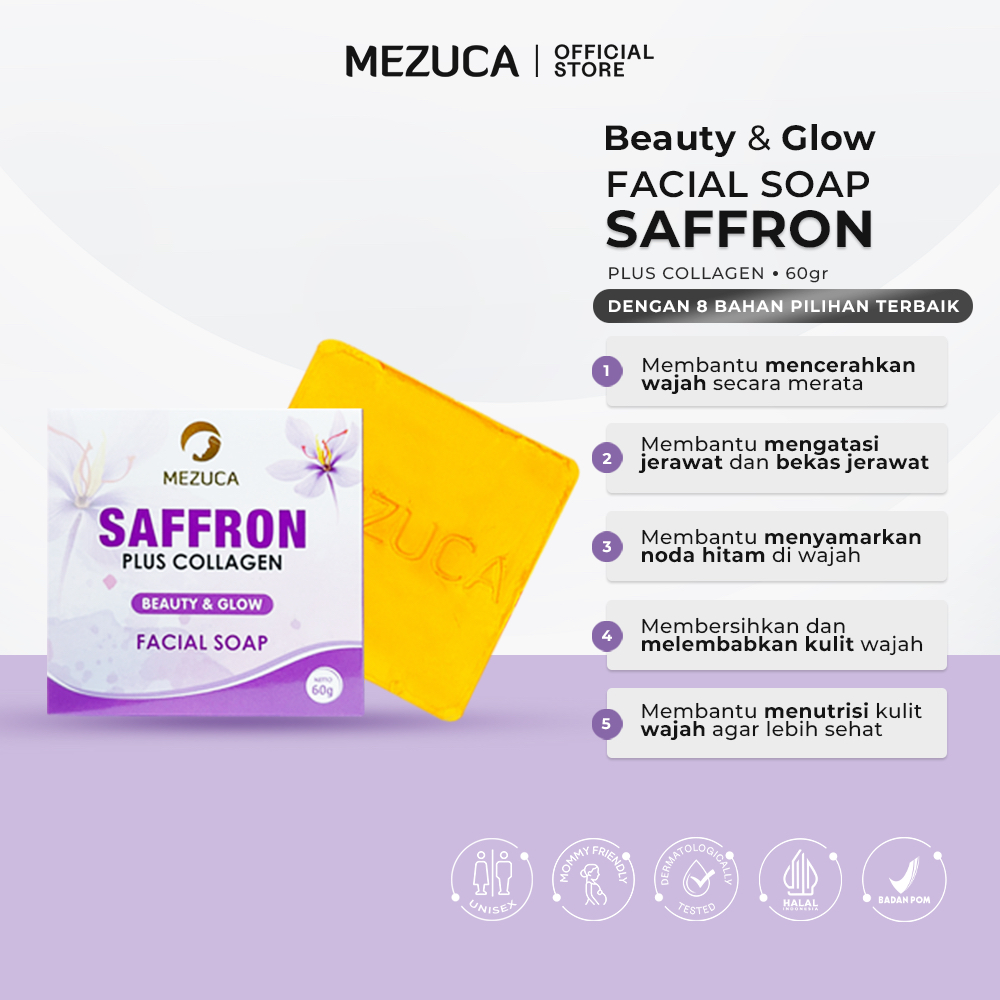 Sabun Wajah Mezuca Saffron Plus Collagen Pemutih Wajah Alami Atasi Jerawat Bekas Flek Hitam BPOM