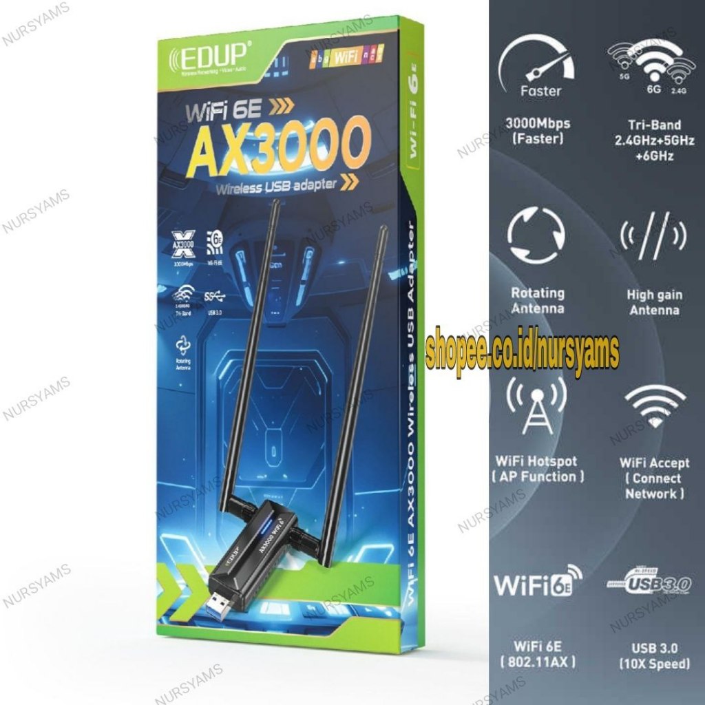EDUP AX1672 Wifi6E adaptor usb WiFi AX3000 untuk PC Windows Linux Openwrt mode acces point