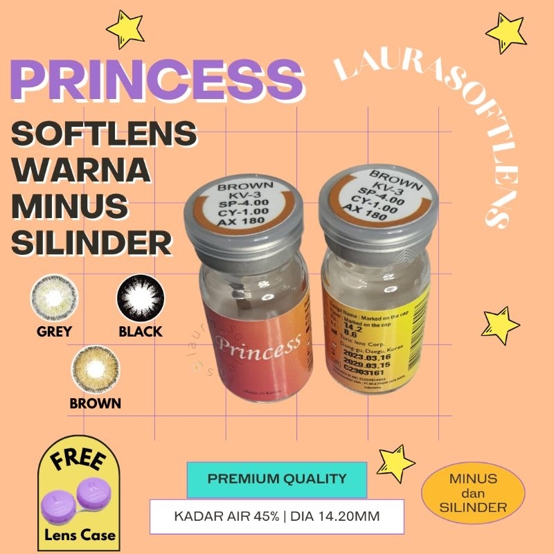 Softlens Toric Silinder Minus Warna Grey Brown Black Princess KV Cylinder Min Axis Silicon Hydrogel 