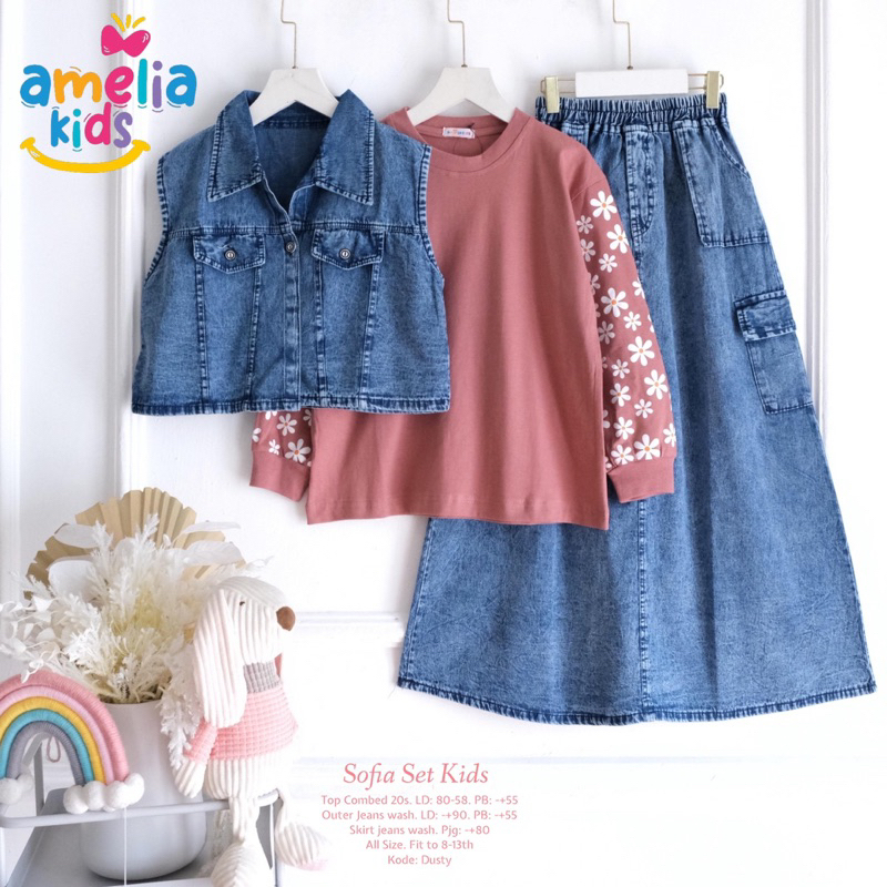 Setelan Kaos dan Rok Anak Perempuan Usia 7 Sampai 13 Tahun Sofia Flair Krise Arumi Set by Amelia || 