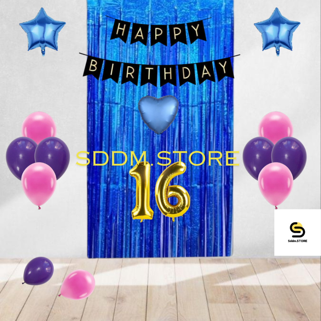 PAKET DEKORASI ULANG TAHUN TIRAI BIRU LENGKAP BALON ANGKA Biru Gold Merah Putih Pink