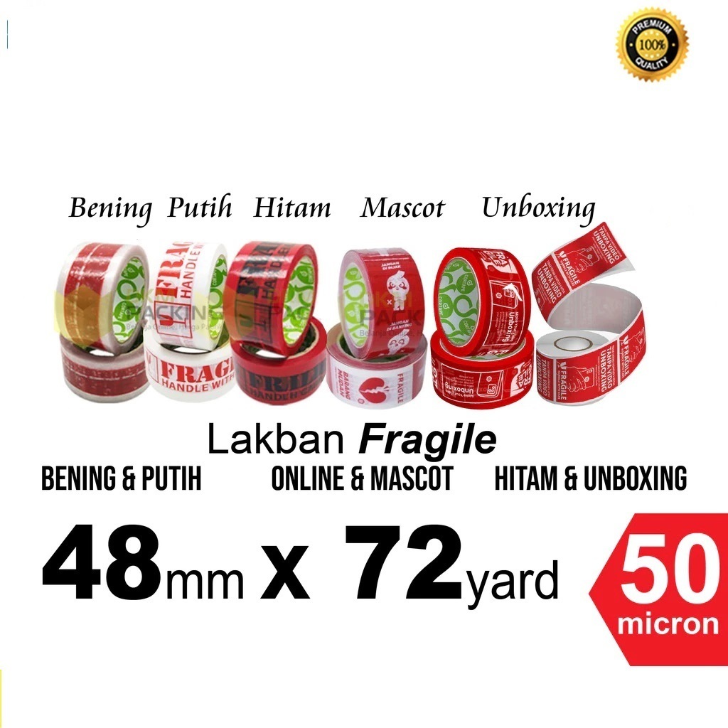 

Lakban/OPP Tape/Selotip Fragile & Unboxing 2inch 48mm x 72yard Cortape All Varian Harga per pcs