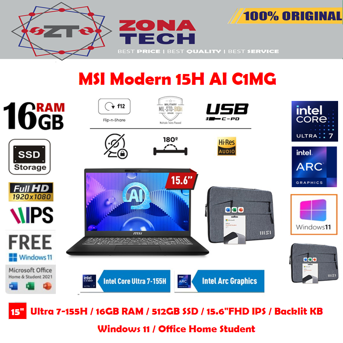 MSI MODERN 15H AI C1MG Ultra 7 155H 16GB 512GB SSD 15.6 FHD IPS W11 OHS