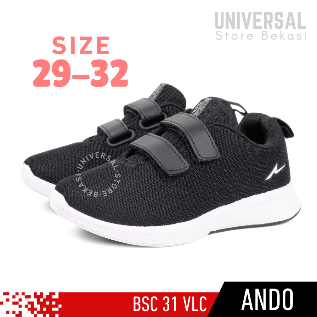 Sepatu Sekolah Anak Perempuan Balita PAUD TK SD Kelas 1 Ando BSC 31 Hitam Putih Perekat Size 29-32