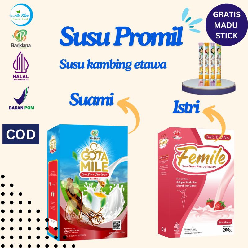 

[COD+GRATIS MADU STICK] Susu Promil suami istri BARIKLANA, Gotamile susu kambing eyawa plus ginseng dan Femile Susu kambing etawa plus l glutathione rasa strawberry | susu meningkatkan kesuburan