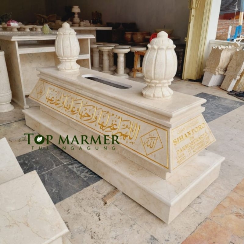 Kijing makam ukir kaligrafi nisan ukir batu marmer putih kilap