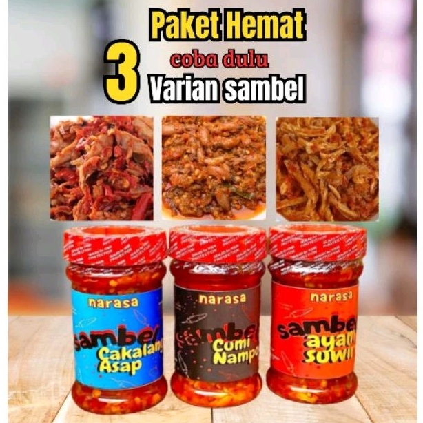 

Paket Hemat 3 Varian Sambel Ayam Suwir 120 gr,Sambel Cakalang Asap 120 gr,Sambel Baby Cumi 120 gr