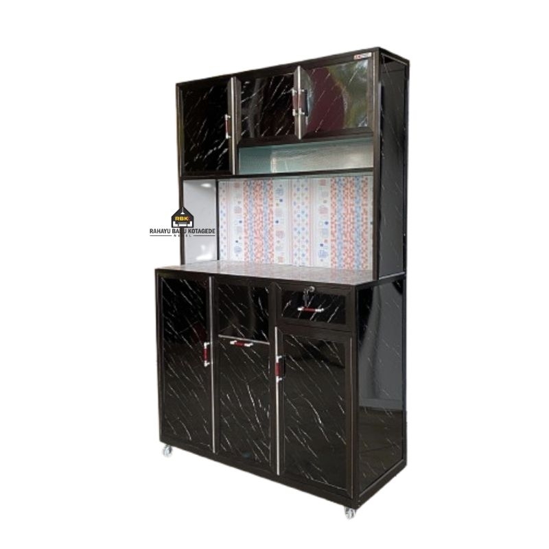 Kitchen Set Lemari Dapur Rak Piring 3P Alumunium Hitam Roda ACP Jogja