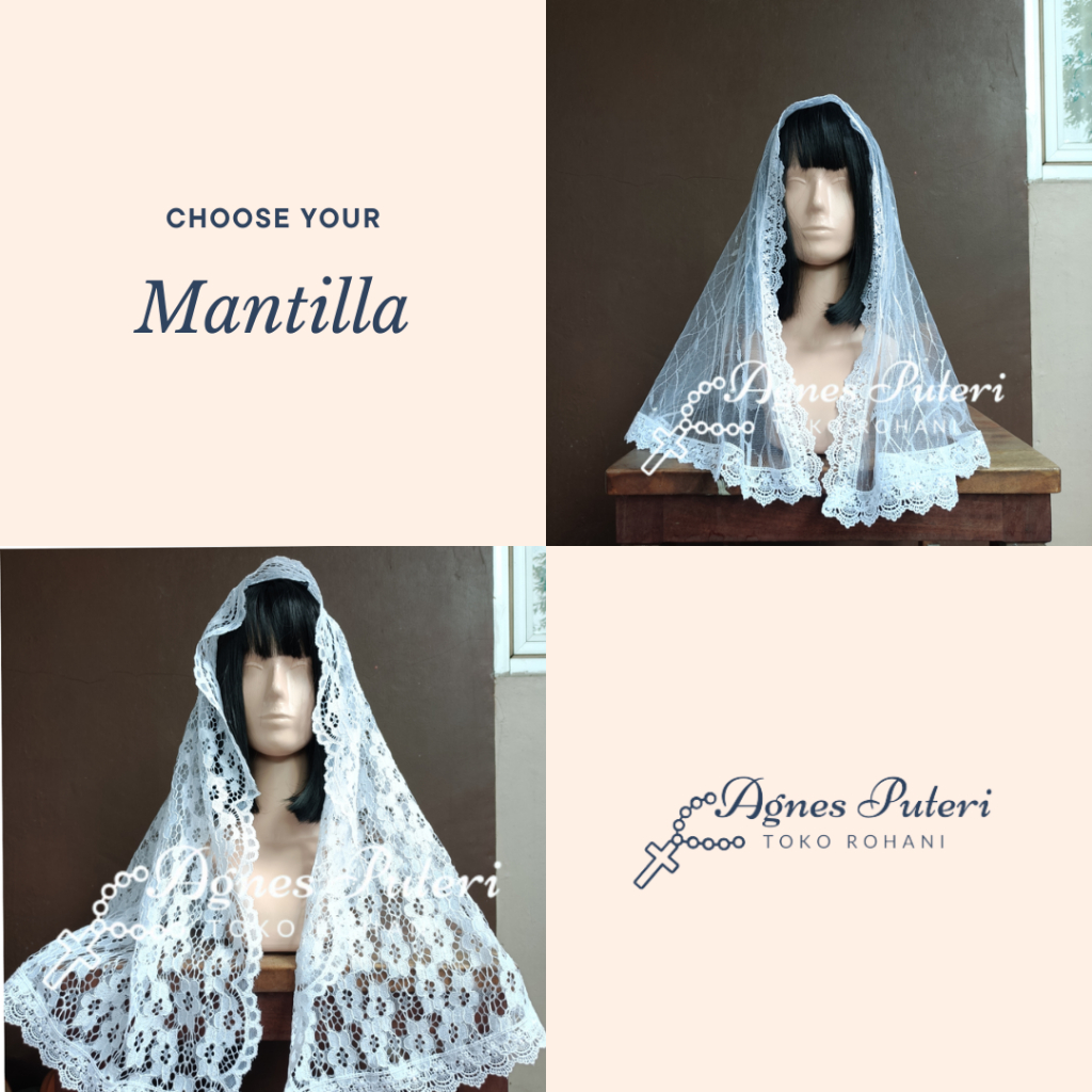 Mantilla Mantila Brokat Katolik Putih / Hitam