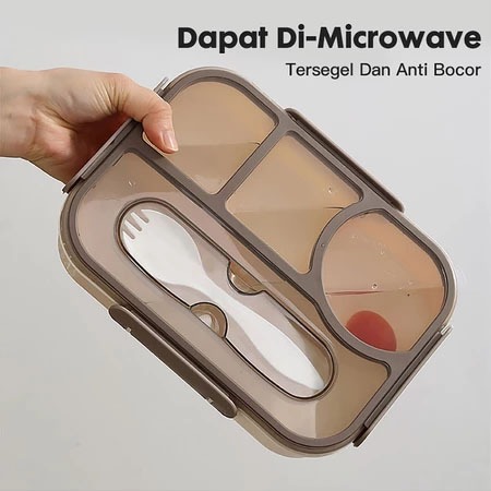 Wadah Tempat Kotak Bekal Lunch Box Makan 4 Sekat Anak Sekolah Plastik Besar Serbaguna Coklat Krem
