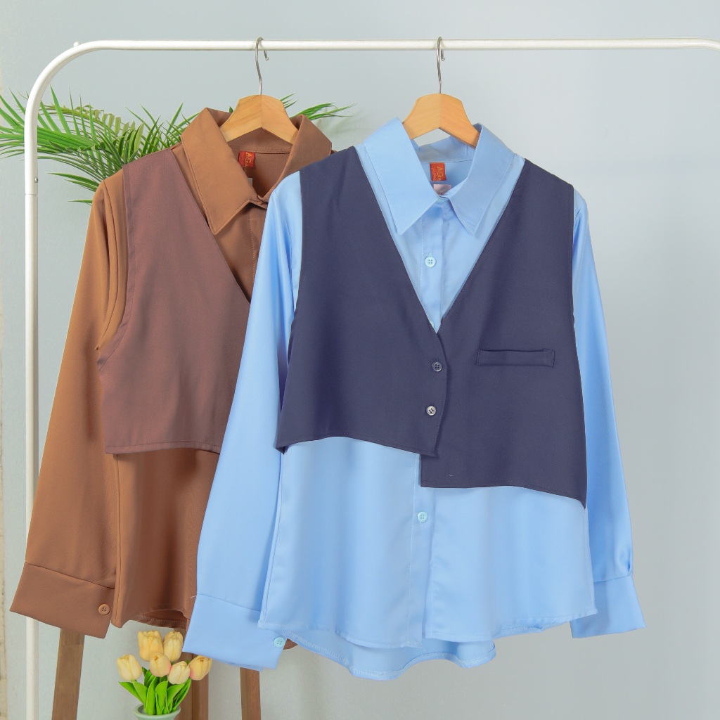Atasan Wanita Blouse Bahan Syakila Polos Rompi Kemeja Lengan Panjang
