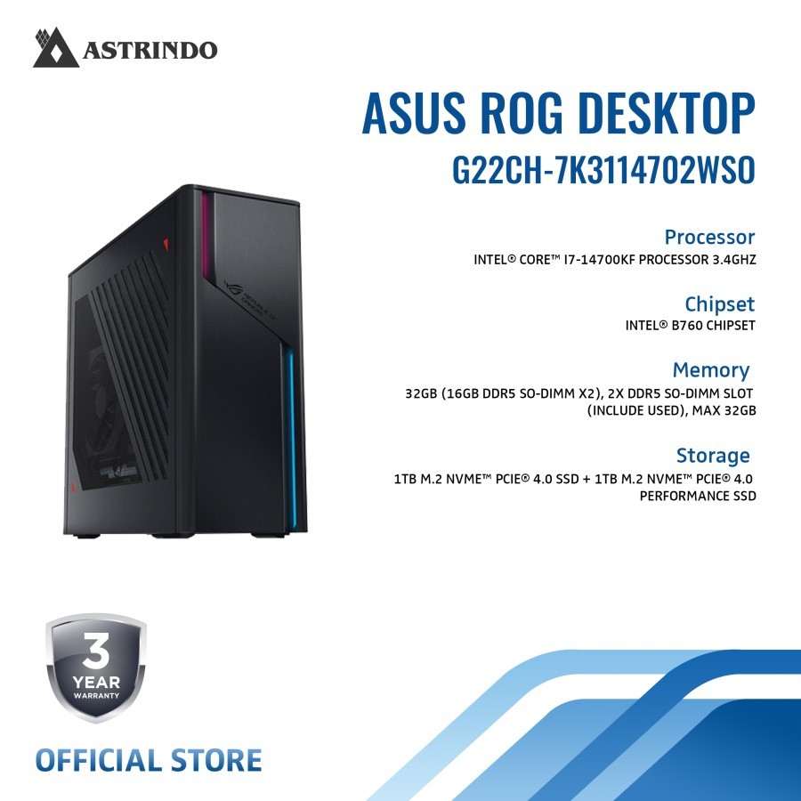 Asus PC ROG Gaming Desktop G22CH Intel Core i7-14700KF 32GB/1TB+1TB SSD RTX4070 Win 11