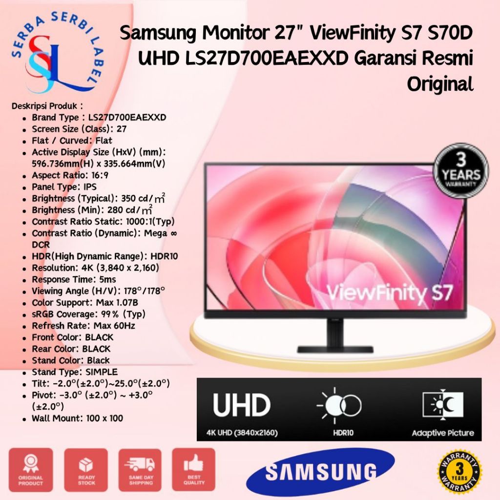 Samsung Monitor 27" ViewFinity S7 S70D UHD LS27D700EAEXXD Garansi Resmi Original