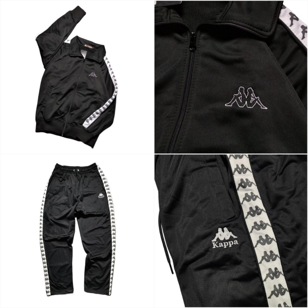 JAKET DAN CELANA TRACKPANTS AND TRACKTOP KAPPA TAPED WHITE STRIP ON BLACK