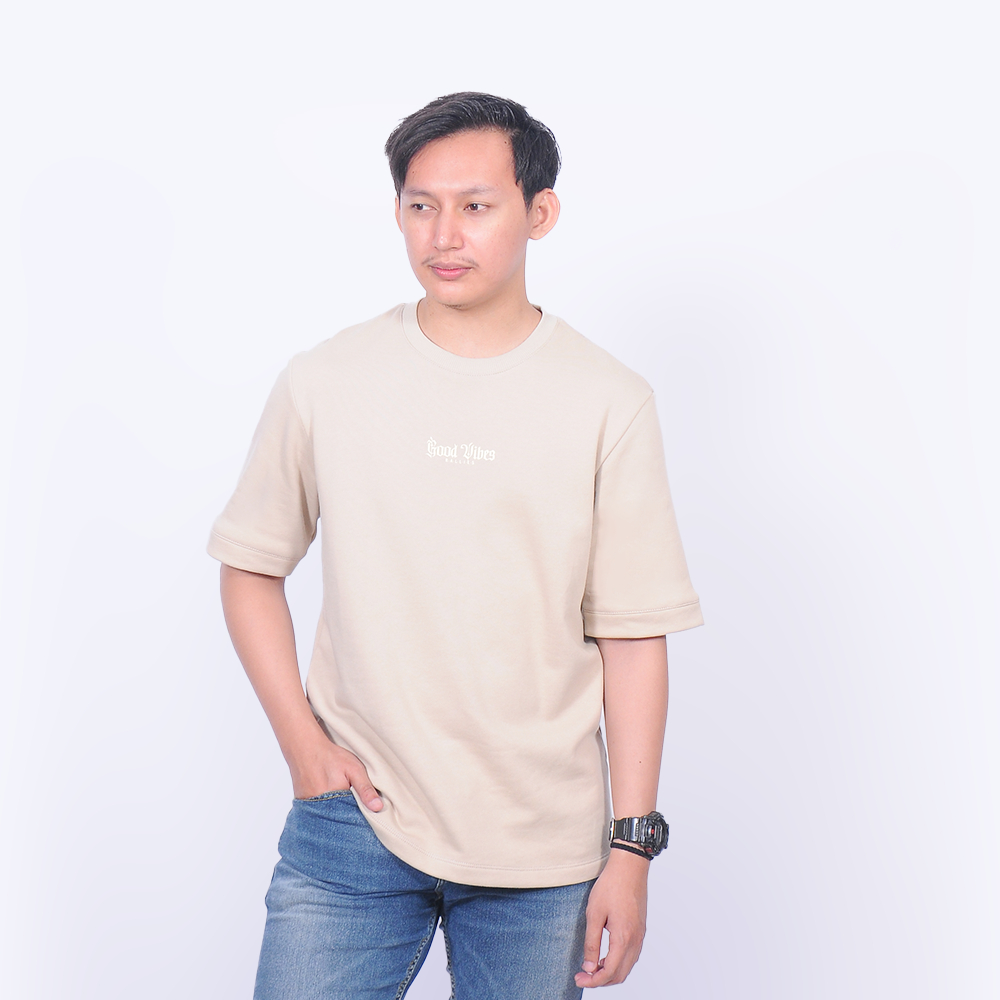 Rallies Kaos Oversize Lengan Pendek Pria Wanita Bahan Fleece Premium Warna Cream - Good vibes