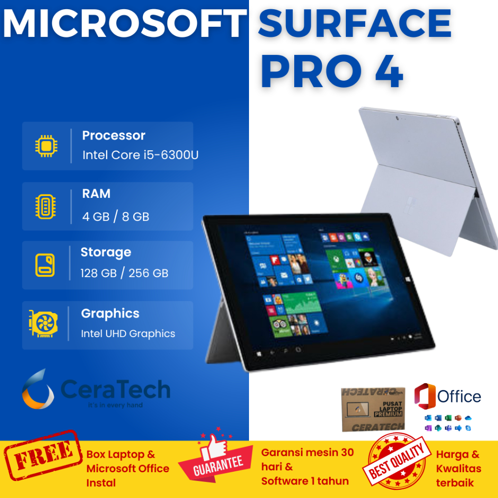 LAPTOP MICROSOFT SURFACE PRO 4 CORE i5 GEN6 RAM 4GB SSD 128GB - SECOND GARANSI - LAPTOP 2IN1