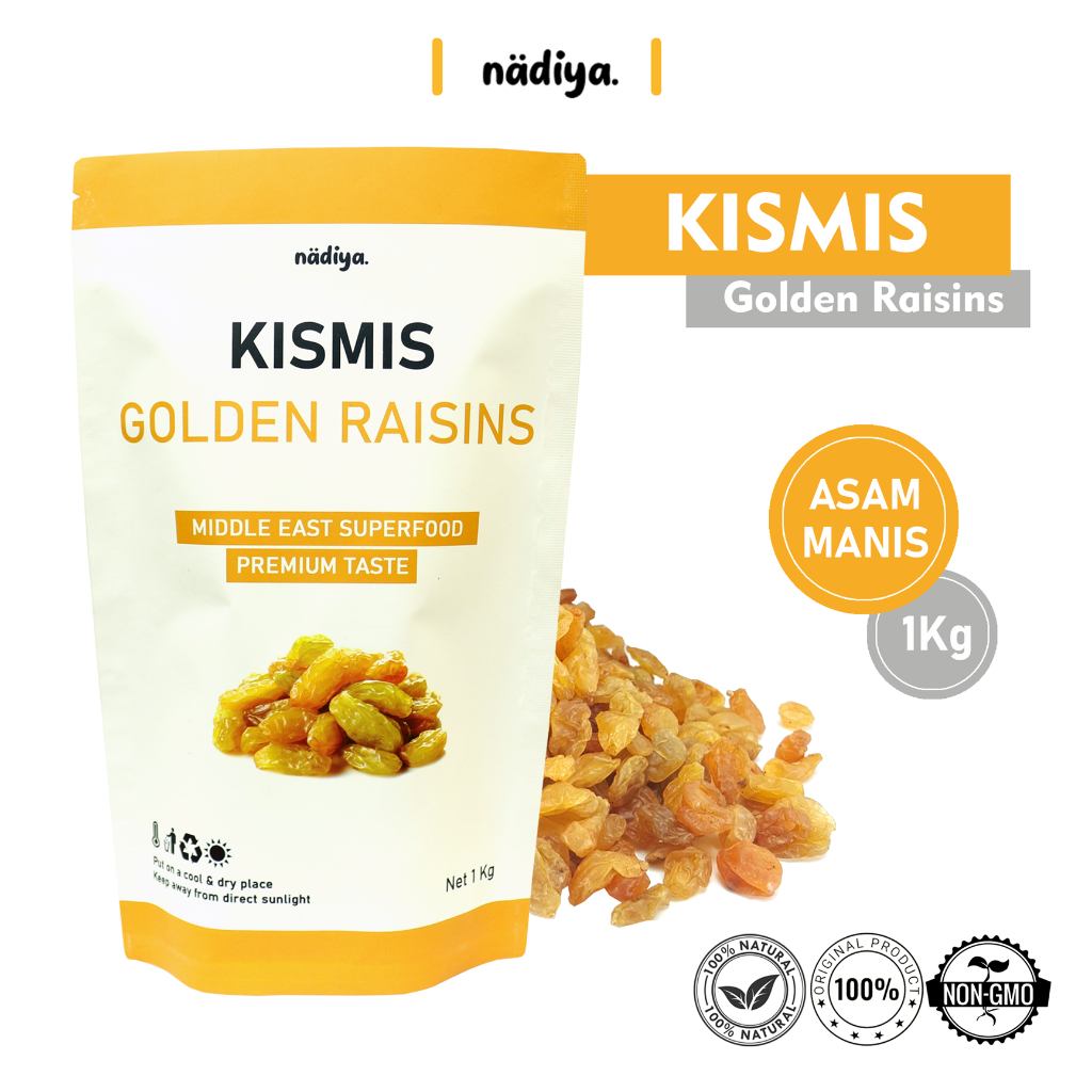 

Nadiya KISMIS PREMIUM 1kg Golden Raisins Asam Manis Mutiara Rasa Enak Fresh Arab MPASI Oleh Haji