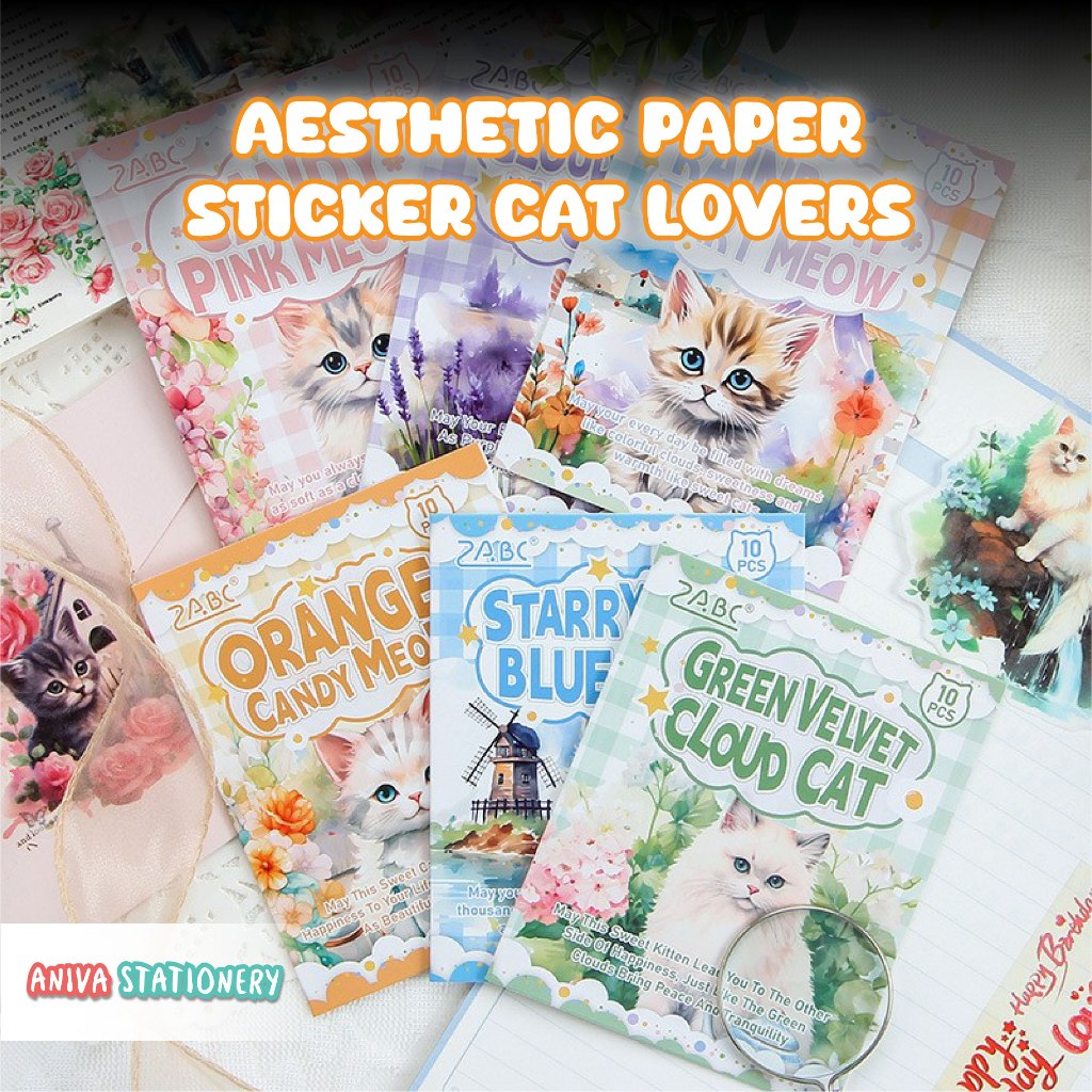

10 Pcs Aesthetic Paper Sticker Cat Lovers Deco Dekorasi Stiker Laptop Jurnal