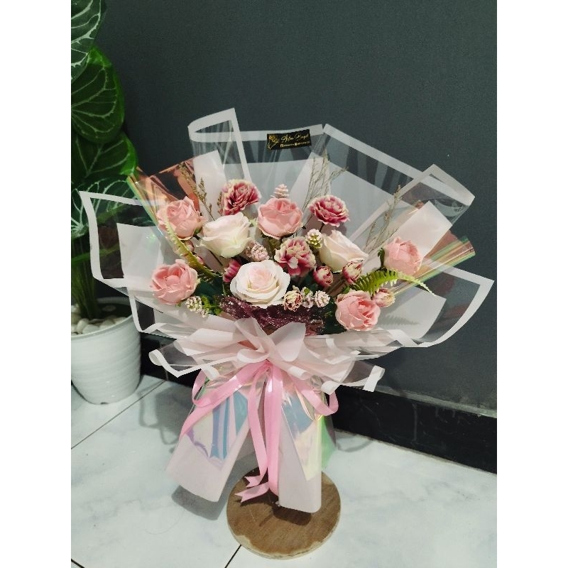 Buket bunga artificial palsu mix tema pink transparan - buket bunga besar low budget