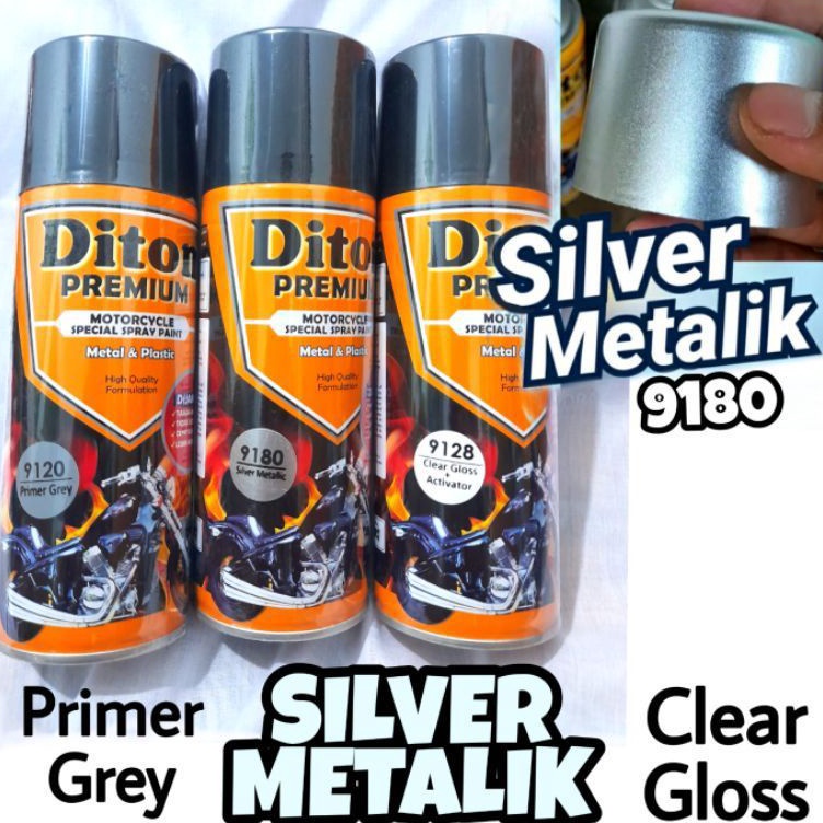 Grosir Termurah  DITON PREMIUM PAKET SILVER METALIK 918 Cat Semprot Tahan Bensin Metalic Pylox Pilox
