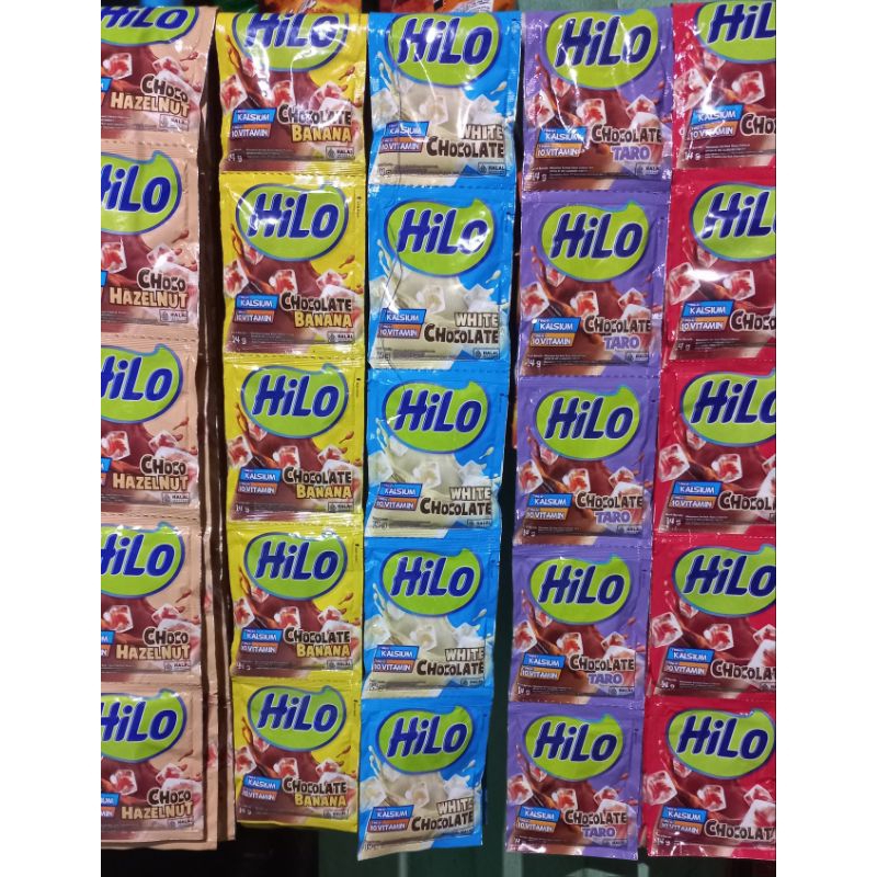 

Hilo Renceng Rasa Chocolate, Chocolate Banana, Chocolate Taro, White Chocolate, Choco Hazelnut 1Renceng Isi 10 Sachet @14g