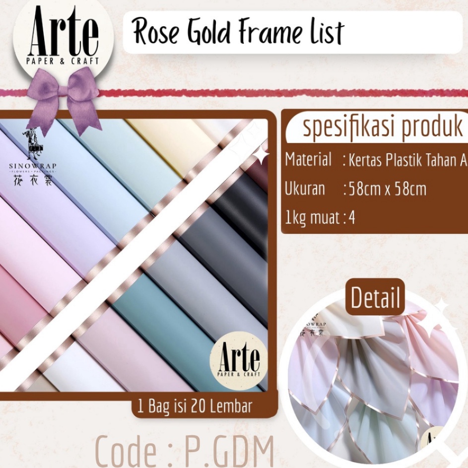 

Penjualan Hemat 2 Lembar Cellophane Rose Gold Frame Border Bouquet Bingkai Jelly Film List Kertas Buket Korea Bunga Flower Wrapping Paper Varian Color Kado Arte Grosir Florist Supply Jakarta PGDM