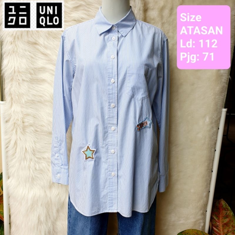 UNIQLO Stripes Blue Baju Atasan Kemeja Lengan Panjang Wanita