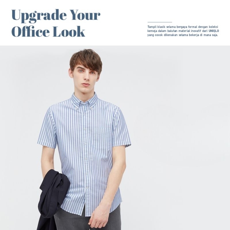 Kemeja Oxford cowok salur downstripe Slim Fit branded Uniqlo (New)