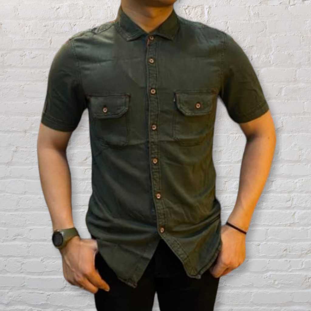 PAYORA Kemeja Denim Pria Lengan Pendek Kemeja Jeans Laki laki Premium Quality Hijau Army