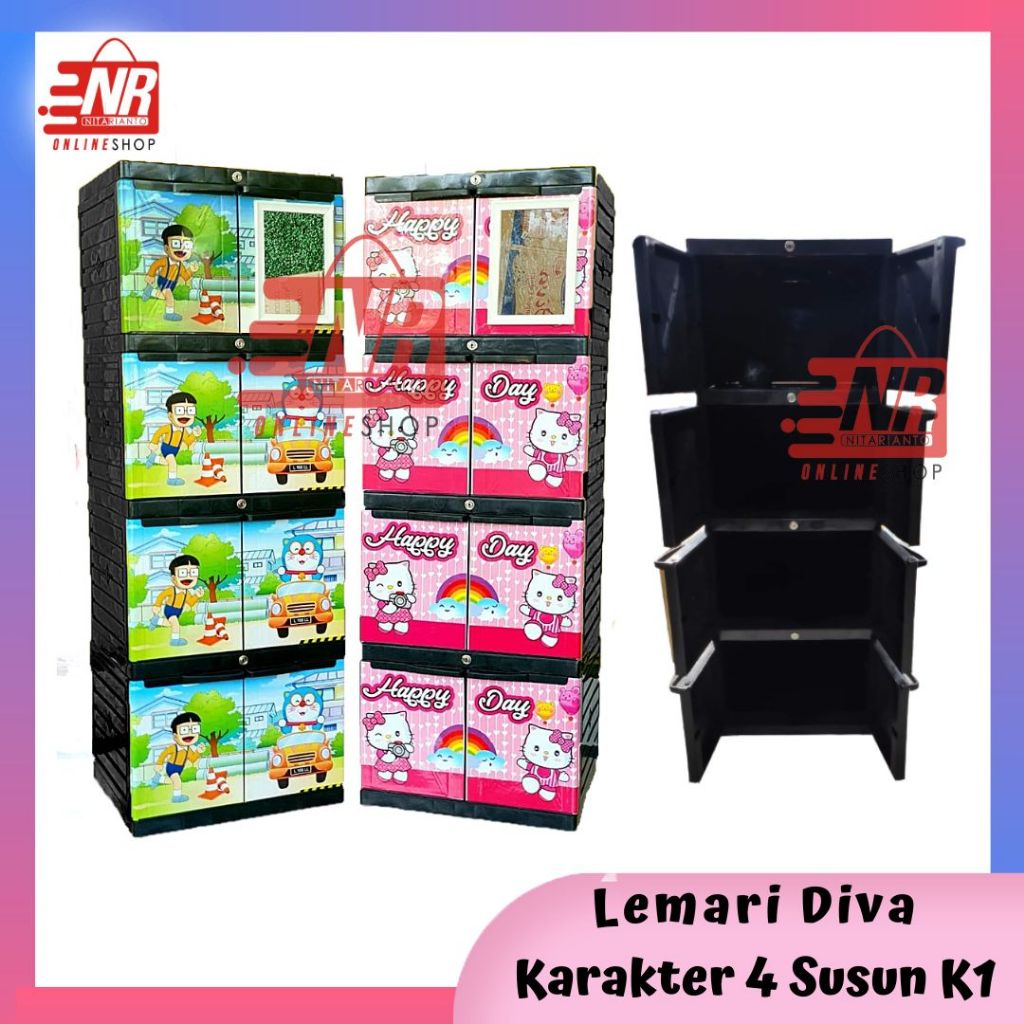 Lemari Diva 4 Susun Karakter Kaca 1 - Lemari Plastik Susun 4 Plus Kunci - Lemari Baju Pakaian - Lema