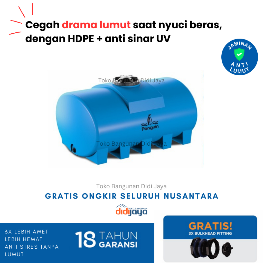 Tandon Air Horizontal Penguin TH 200 2000 Liter | Toren Air | Tangki Air Horizontal Penguin