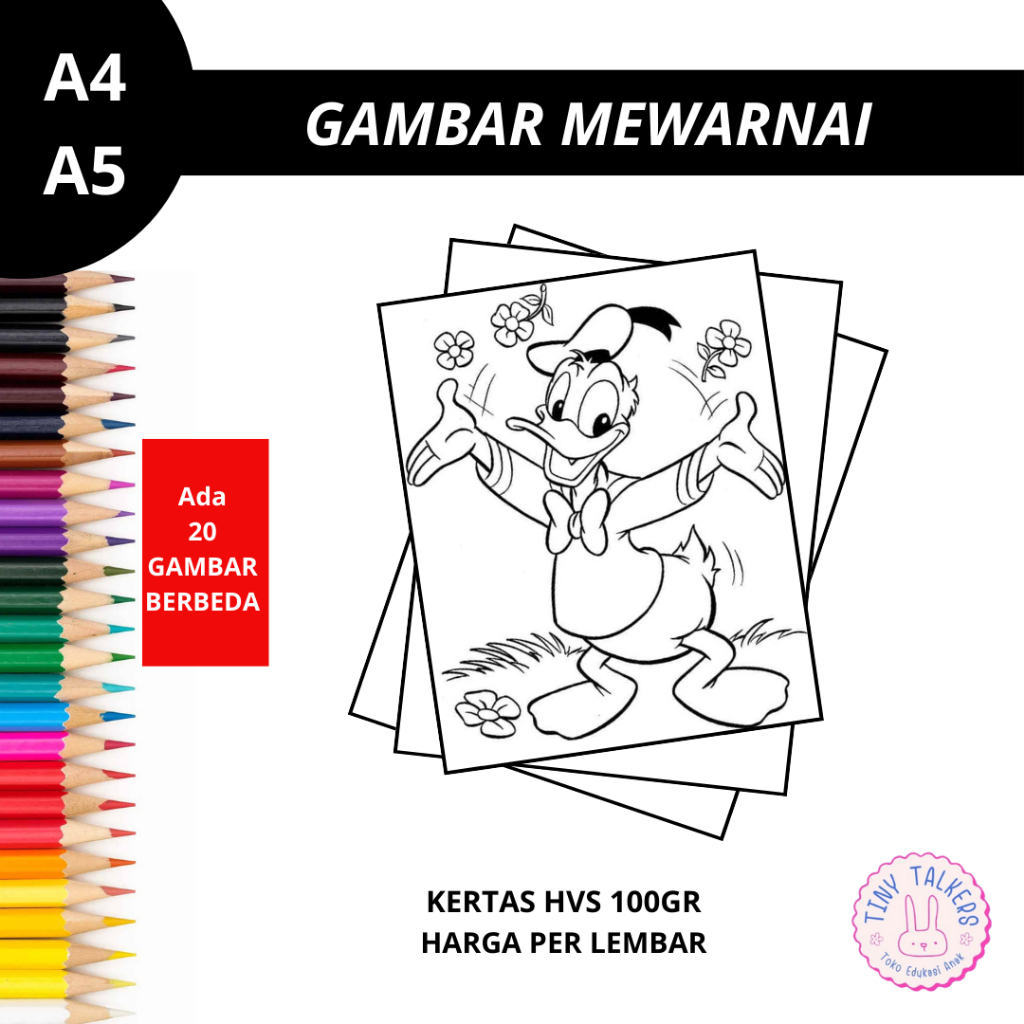 

Gambar Mewarnai Anak TK SD PAUD Seri Donald Duck Donal Bebek Kertas HVS 100gr Bukan Buku Mewarnai