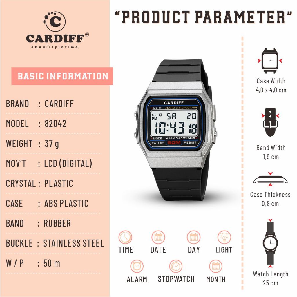 CARDIFF Jam Tangan LCD Karet 82042 | Digital | Pria Wanita | Tahan Air | 5ATM