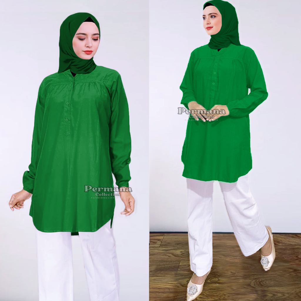 Baju Blouse Atasan Wanita Lengan Panjang Jumbo Size Warna Hijau Botol