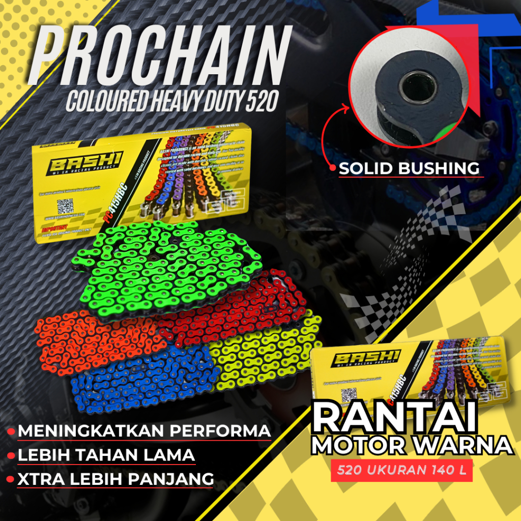 BASHI - Rantai Motor Warna 520H 140L HEAVY DUTY Solid Bushing Prochain Coloured KLX CRF Universal