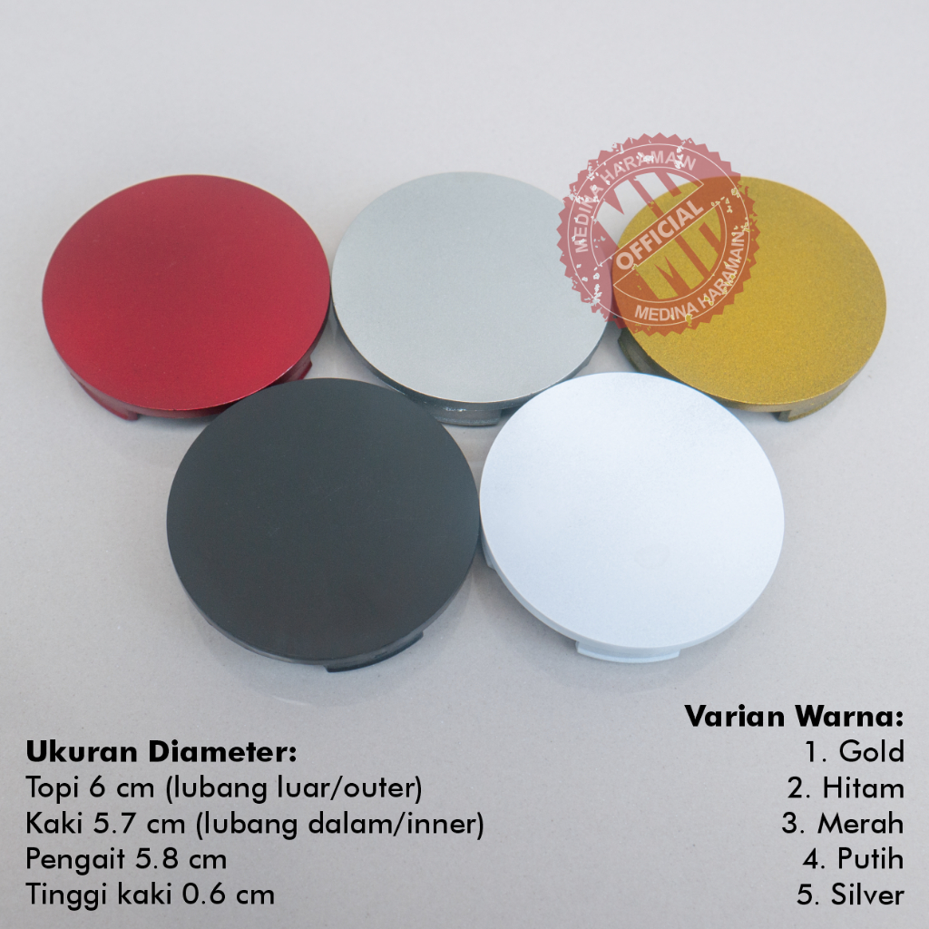 TUTUP DOP VELG POLOS BAHAN TOPI 6 CM KAKI 5.7 CM WARNA GOLD MERAH PUTIH SILVER WHEEL HUB CENTER CAPS