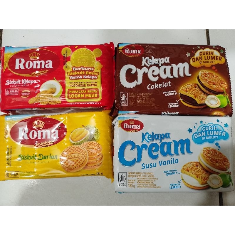 

Roma Biskuit Kelapa/Durian/Cream Cokelat/Cream Vanilla